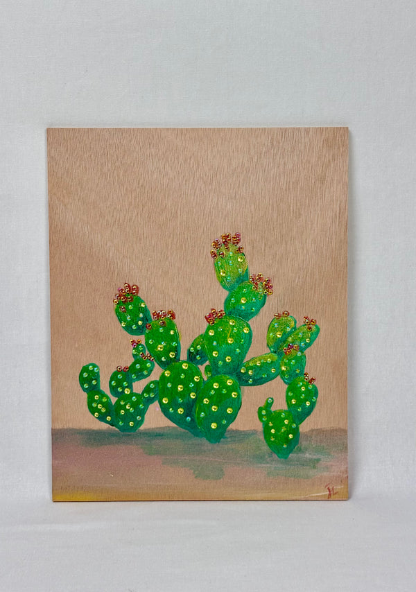 Prickly Pear Cactus Original Painting on Wood 8x10
