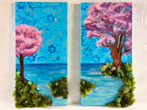 Two panels of art featuring pink trees over water with blue sky.
